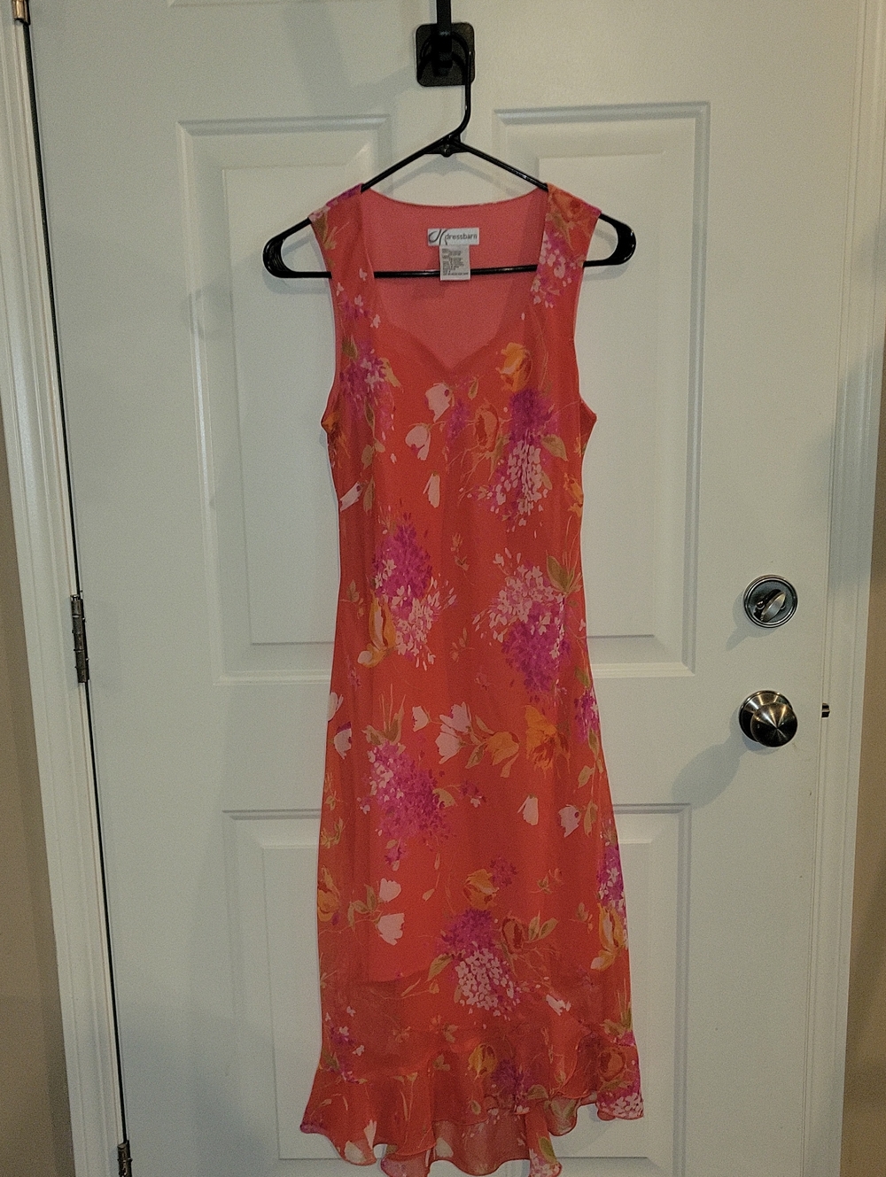 Dress Barn Coral Floral V-Neck Midi Dress with Pink & Orange Blooms